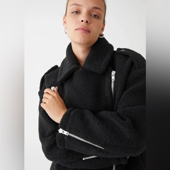 & other stories black wool long oversized side zip polo collared moto jacket S​ - Picture 8 of 16
